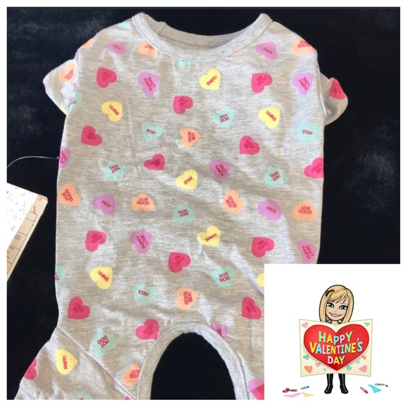 🆕 Valentines Hotel Doggy Dog Onesie Grey Conversation Hearts All Over Print PJs - Picture 2 of 13
